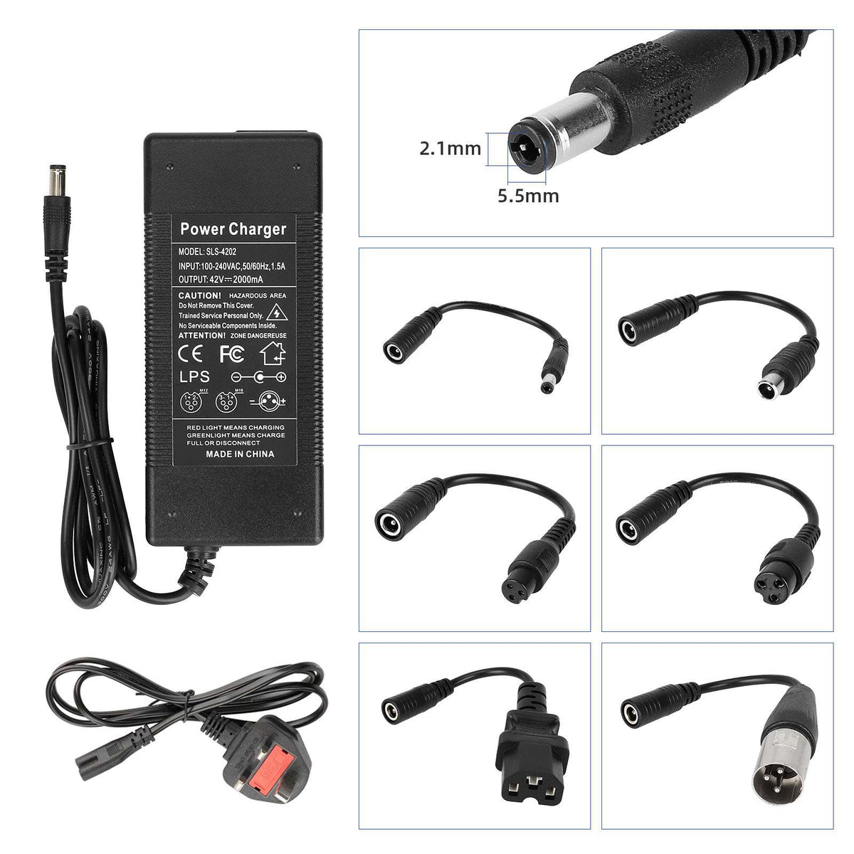 Chargeur 42V 2A avec ses câbles d'adaptation et sa prise