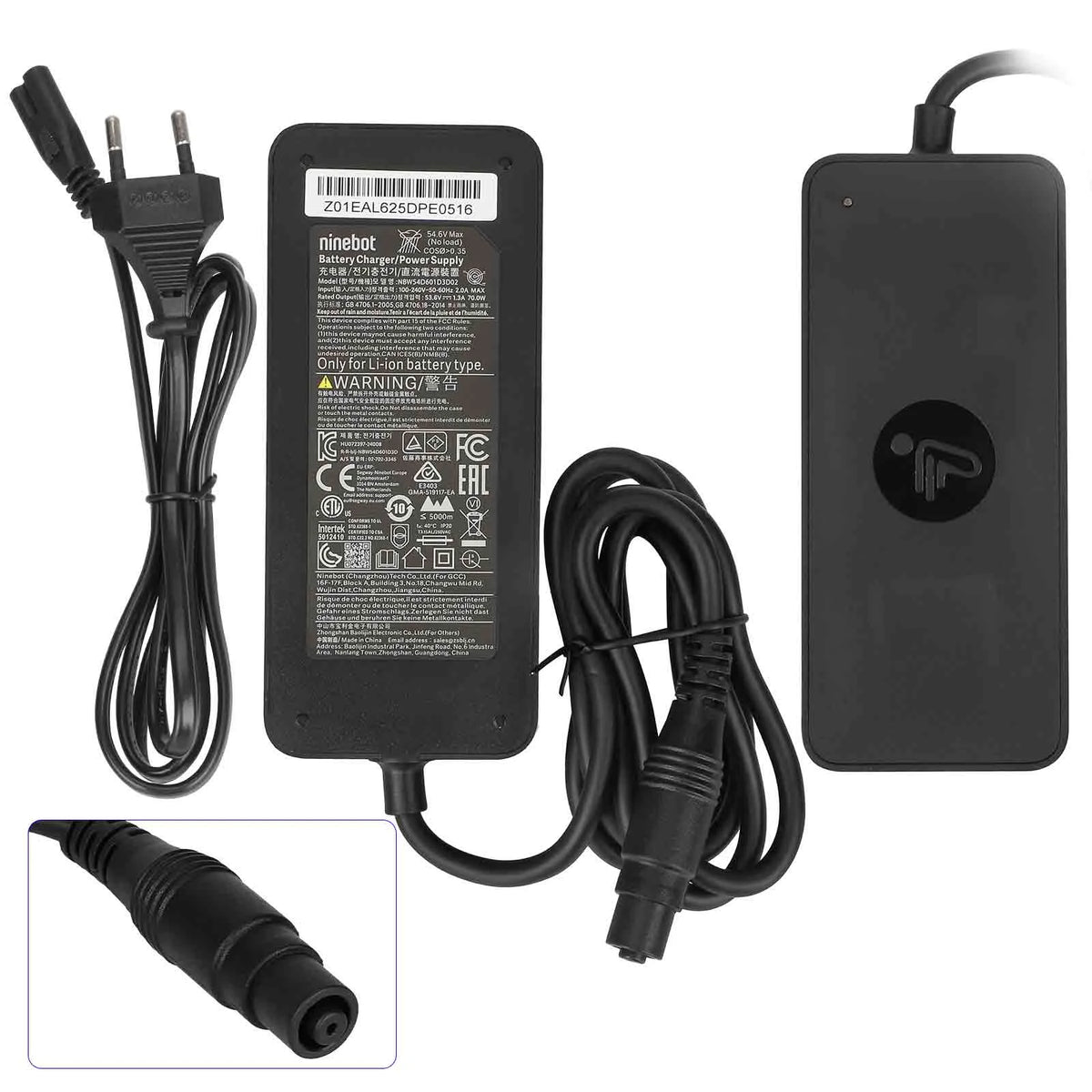 Chargeur d'origine Ninebot 54,6V 1,3A noir avec son câble secteur EU et embout O-Connector