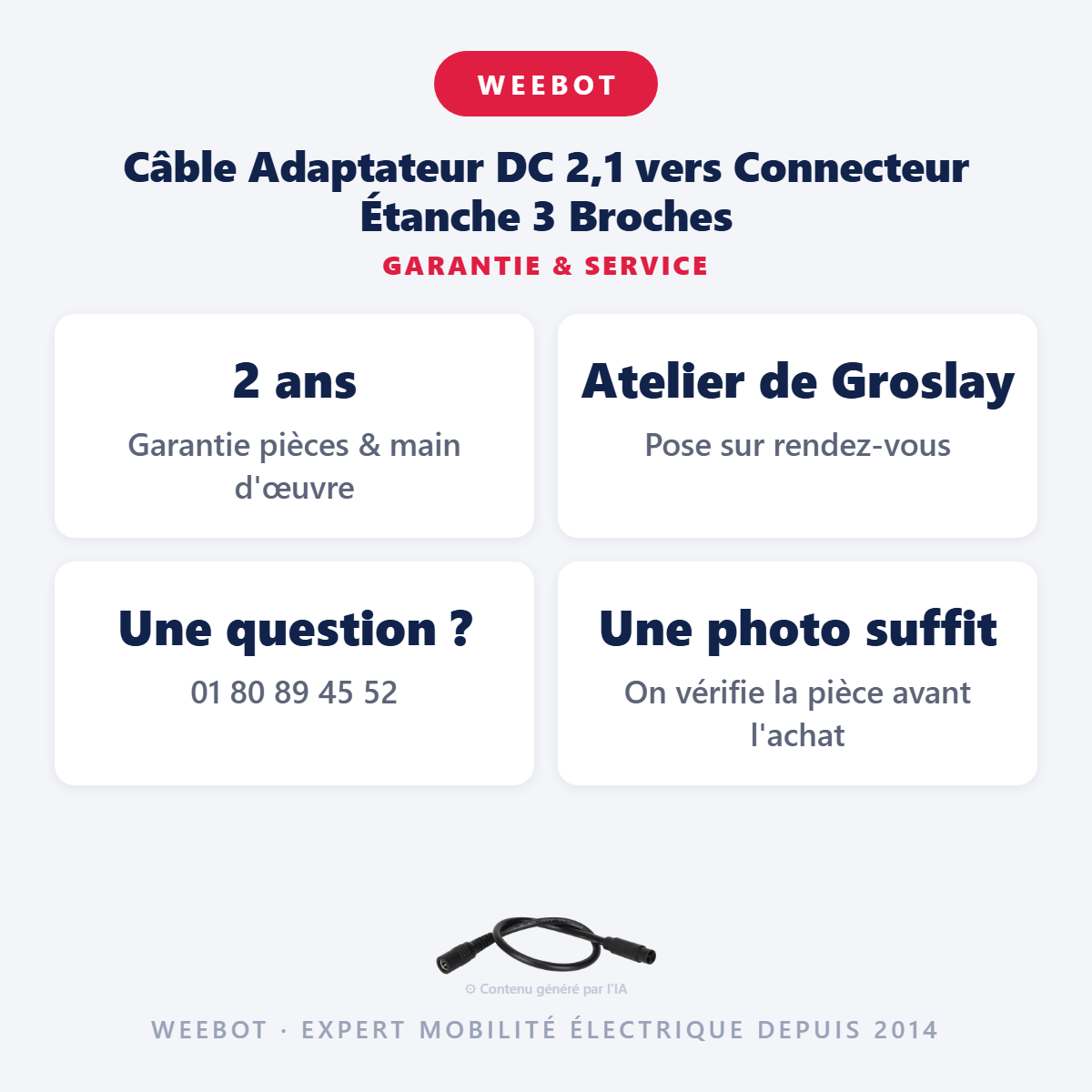Câble Adaptateur DC 2,1 vers Connecteur Étanche 3 Broches : garantie 2 ans et service après-vente