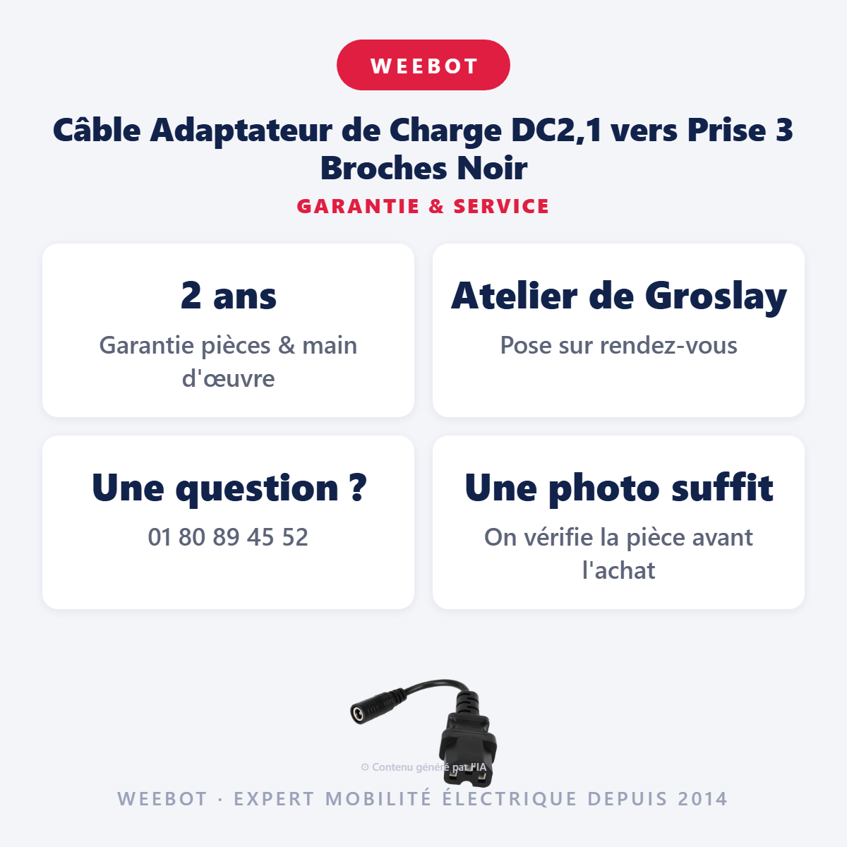 Câble Adaptateur de Charge DC2,1 vers Prise 3 Broches Noir : garantie 2 ans et service après-vente