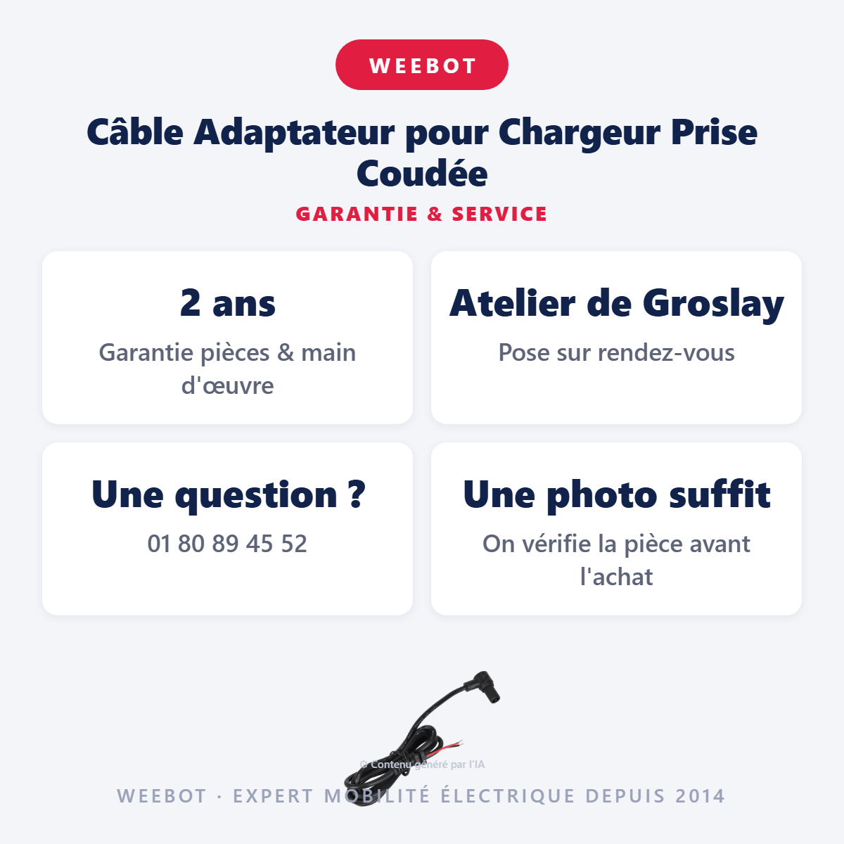 Câble Adaptateur pour Chargeur Prise Coudée : garantie 2 ans et service après-vente