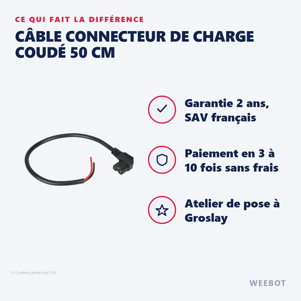 Câble Connecteur de Charge Coudé 50 cm : les points forts