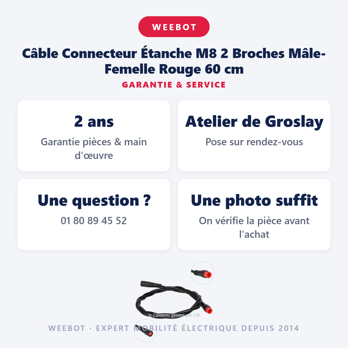 Câble Connecteur Étanche M8 2 Broches Mâle-Femelle Rouge 60 cm : garantie 2 ans et service après-vente