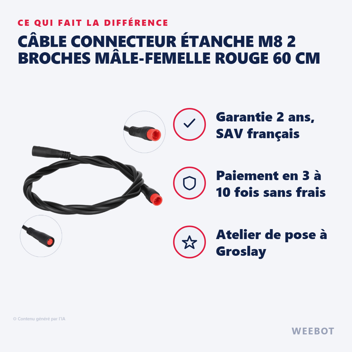 Câble Connecteur Étanche M8 2 Broches Mâle-Femelle Rouge 60 cm : les points forts