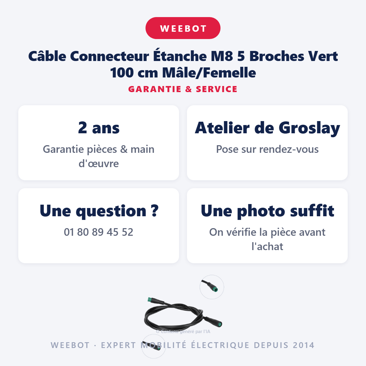 Câble Connecteur Étanche M8 5 Broches Vert 100 cm Mâle/Femelle : garantie 2 ans et service après-vente