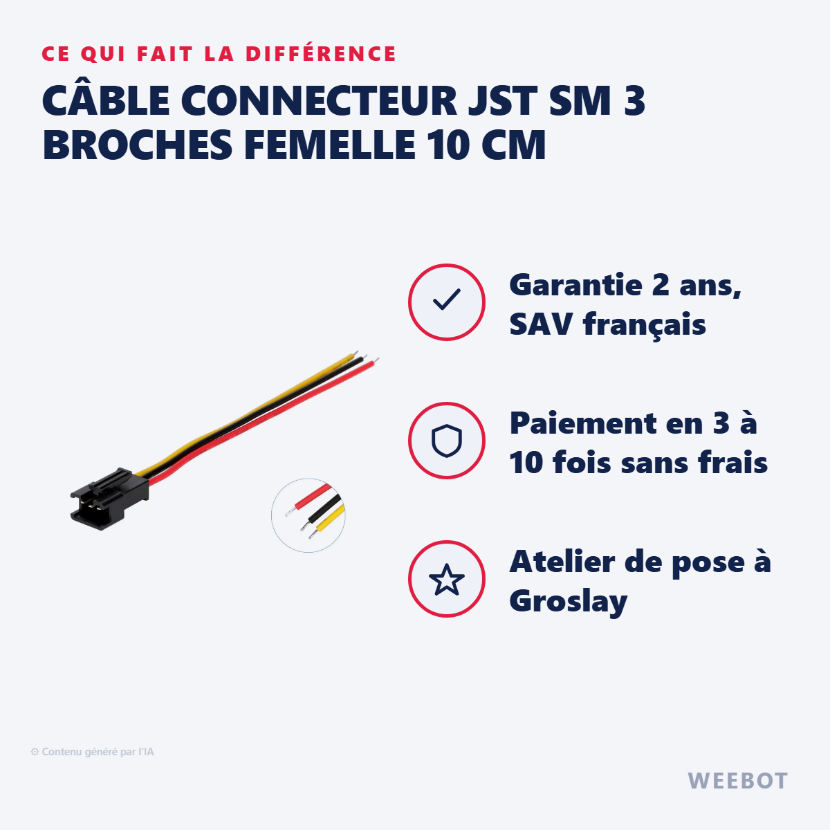 Câble Connecteur JST SM 3 Broches Femelle 10 cm : les points forts
