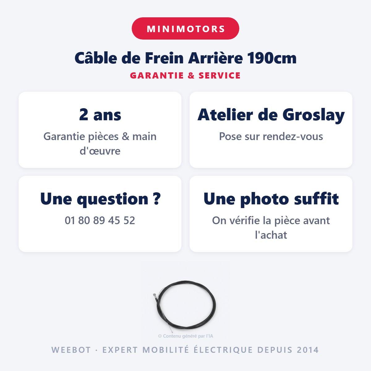 Câble de Frein Arrière 190cm : garantie 2 ans et service après-vente