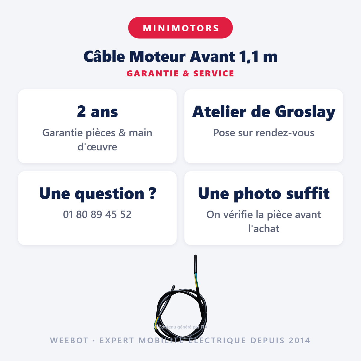 Câble Moteur Avant 1,1 m : garantie 2 ans et service après-vente