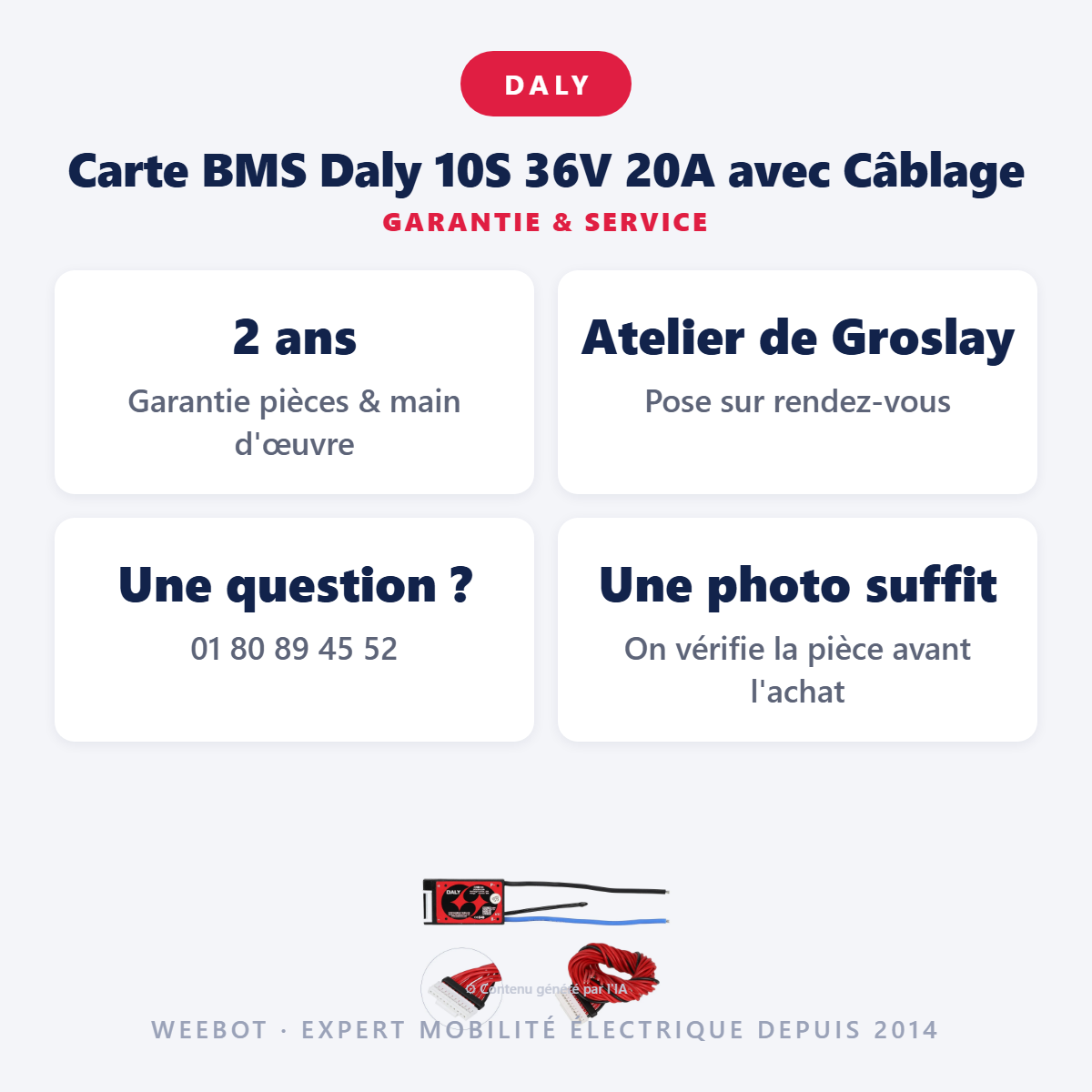 Carte BMS Daly 10S 36V 20A avec Câblage : garantie 2 ans et service après-vente