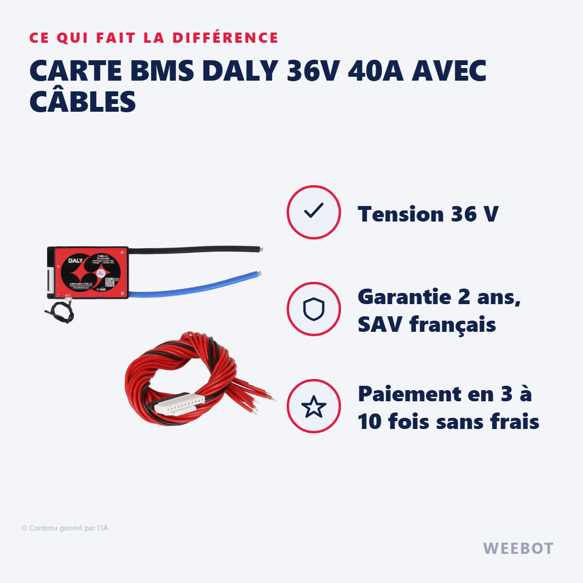 Carte BMS Daly 36V 40A avec Câbles : les points forts