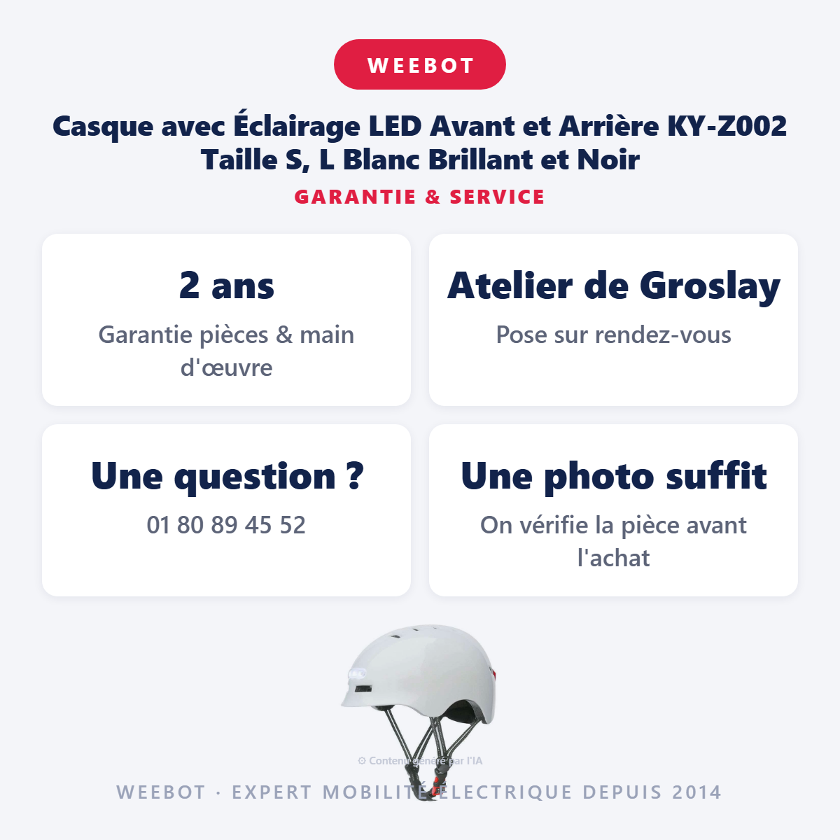 Casque avec Éclairage LED Avant et Arrière KY-Z002 Taille S, L Blanc Brillant et Noir : garantie 2 ans et service après-vente