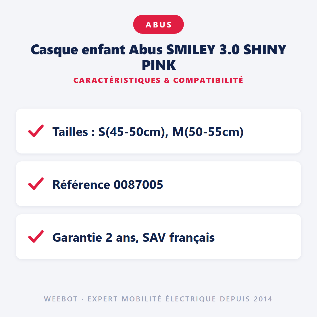 Casque enfant Abus SMILEY 3.0 SHINY PINK : caractéristiques et compatibilité
