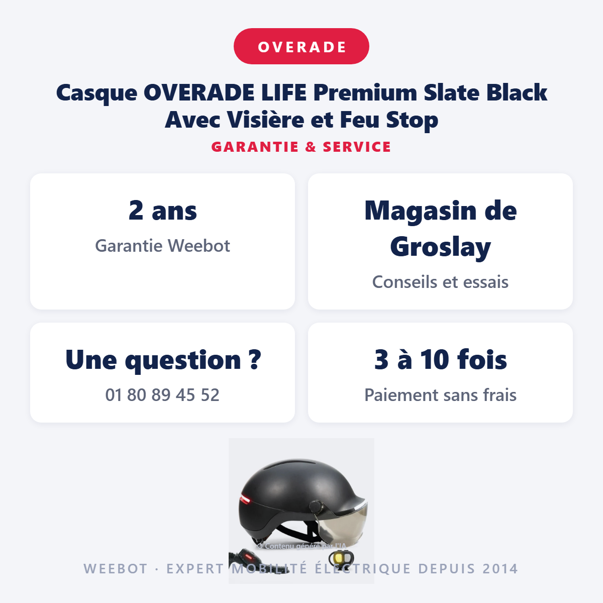 Casque OVERADE LIFE Premium Slate Black Avec Visière et Feu Stop : garantie 2 ans et service après-vente