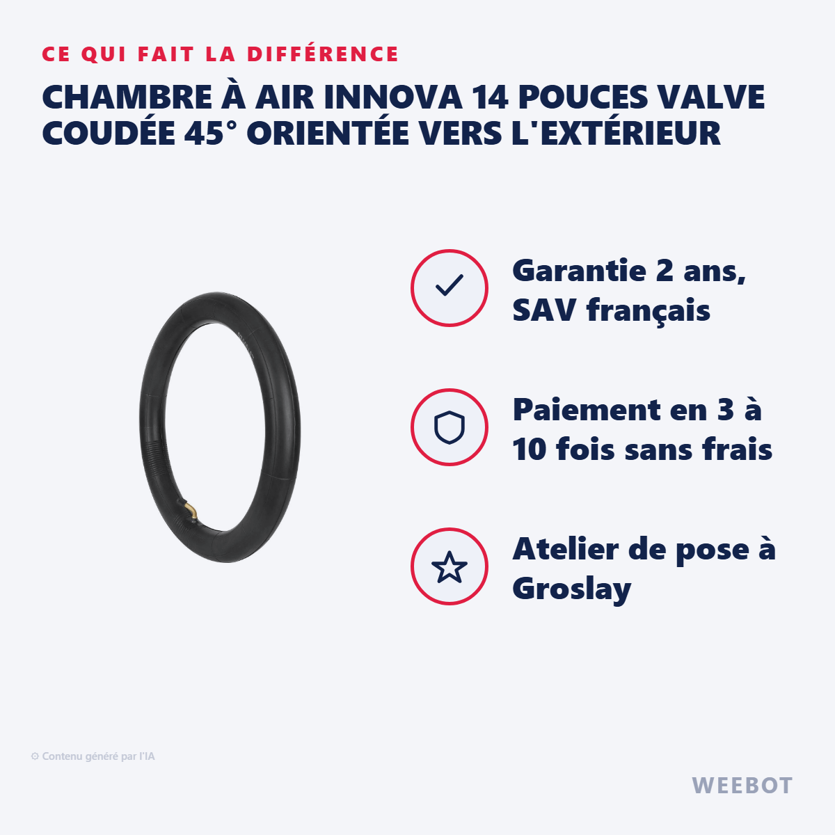 Chambre à Air Innova 14 Pouces Valve Coudée 45° orientée vers l'Extérieur : les points forts