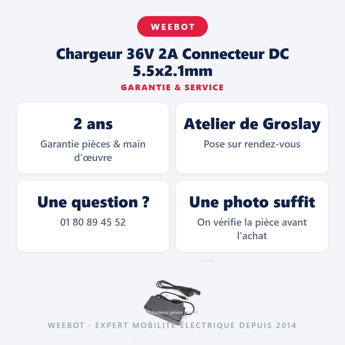 Chargeur 36V 2A Connecteur DC 5.5x2.1mm : garantie 2 ans et service après-vente