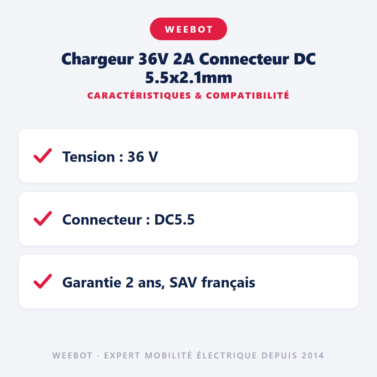Chargeur 36V 2A Connecteur DC 5.5x2.1mm : caractéristiques et compatibilité