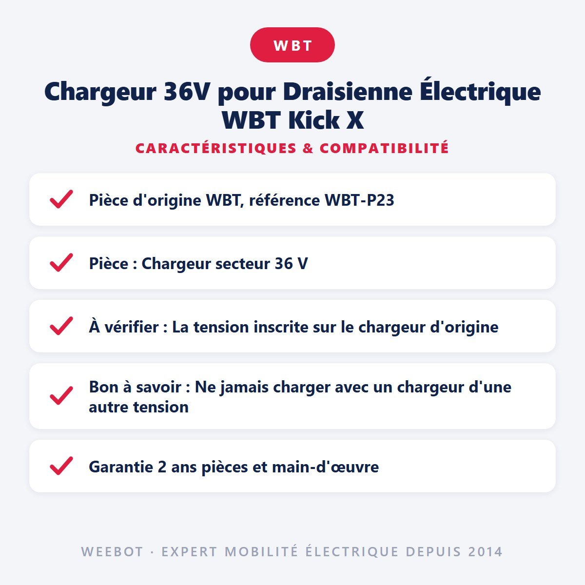 Chargeur 36V pour Draisienne Électrique WBT Kick X - Weebot