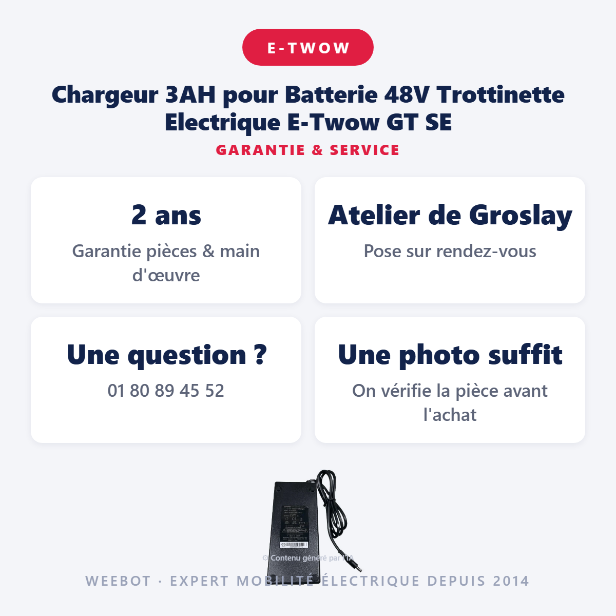 Chargeur 3AH pour Batterie 48V Trottinette Electrique E-Twow GT SE : garantie 2 ans et service après-vente