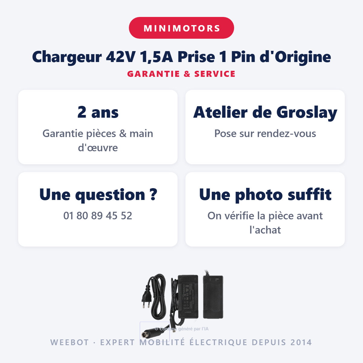 Chargeur 42V 1,5A Prise 1 Pin d'Origine : garantie 2 ans et service après-vente