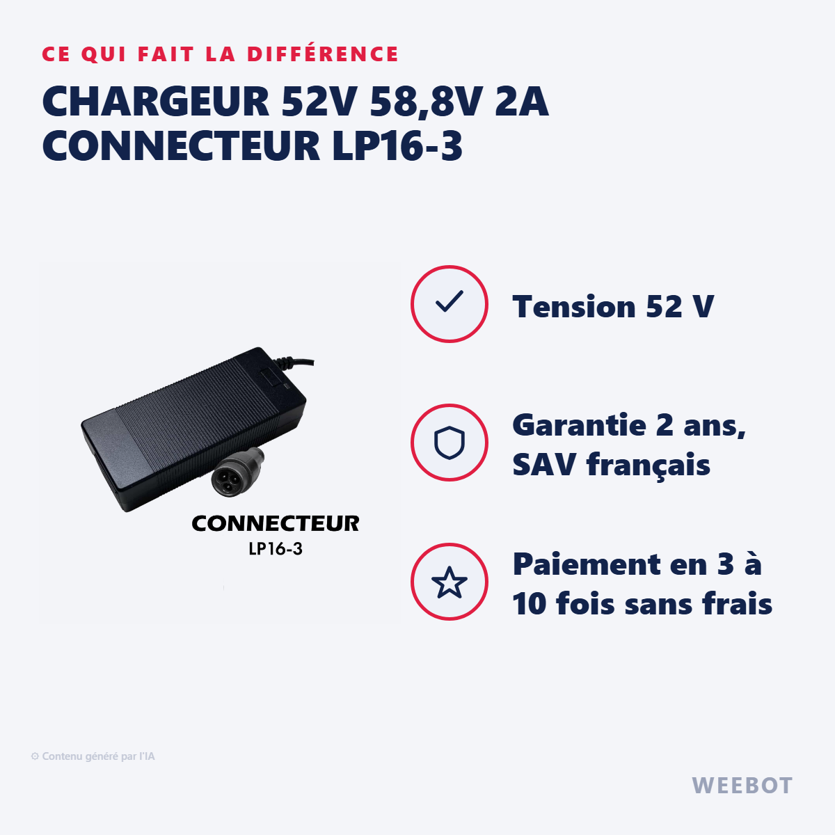 Chargeur 52V 58,8V 2A Connecteur LP16-3 : les points forts