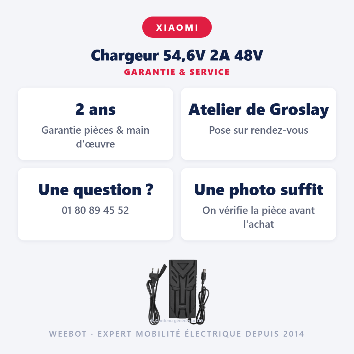 Chargeur 54,6V 2A 48V : garantie 2 ans et service après-vente