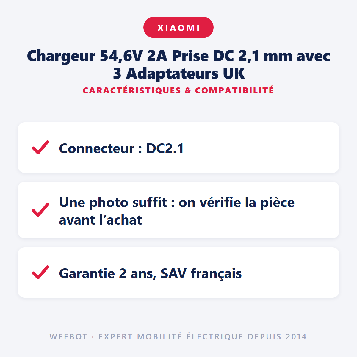 Chargeur 54,6V 2A Prise DC 2,1 mm avec 3 Adaptateurs UK : caractéristiques et compatibilité