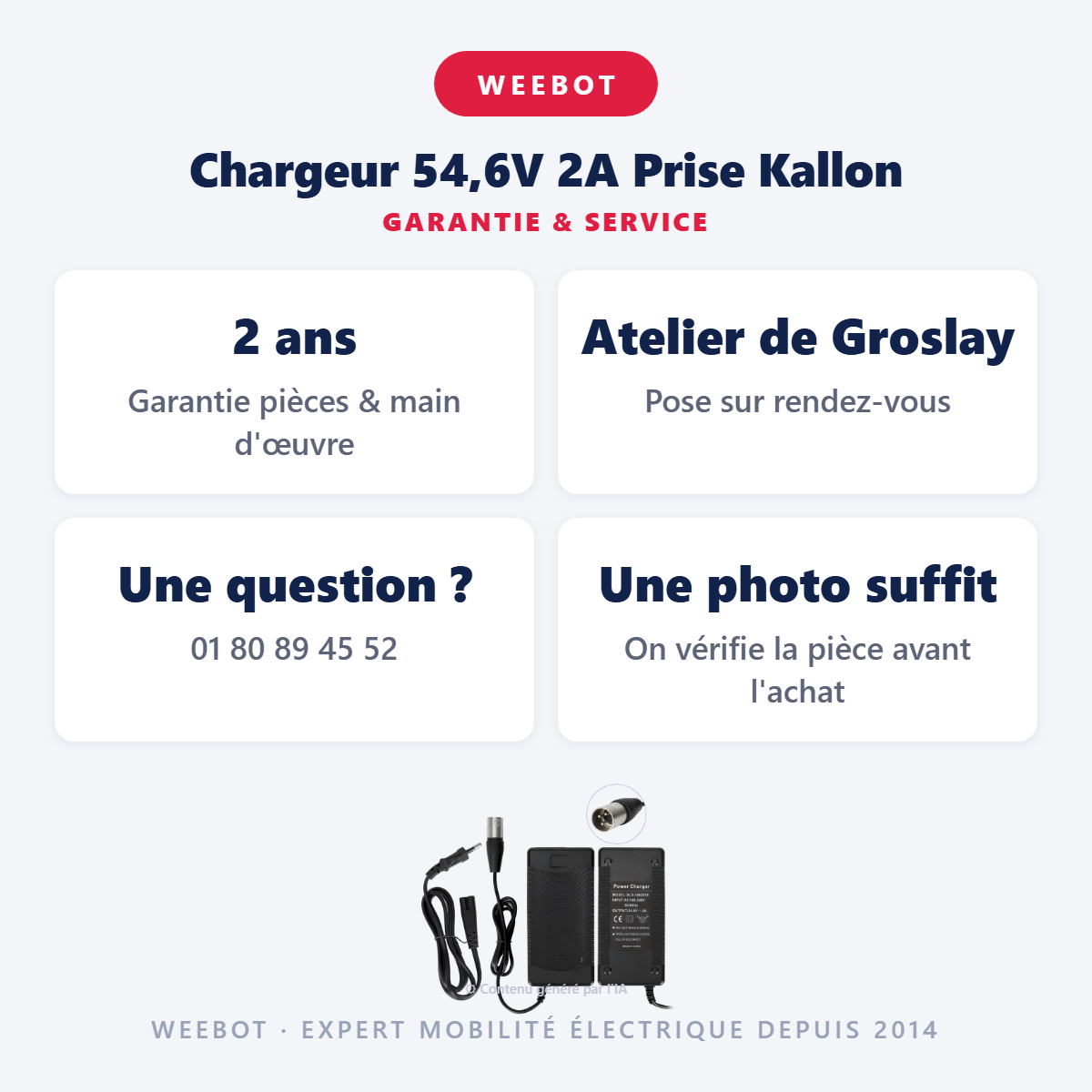 Chargeur 54,6V 2A Prise Kallon : garantie 2 ans et service après-vente