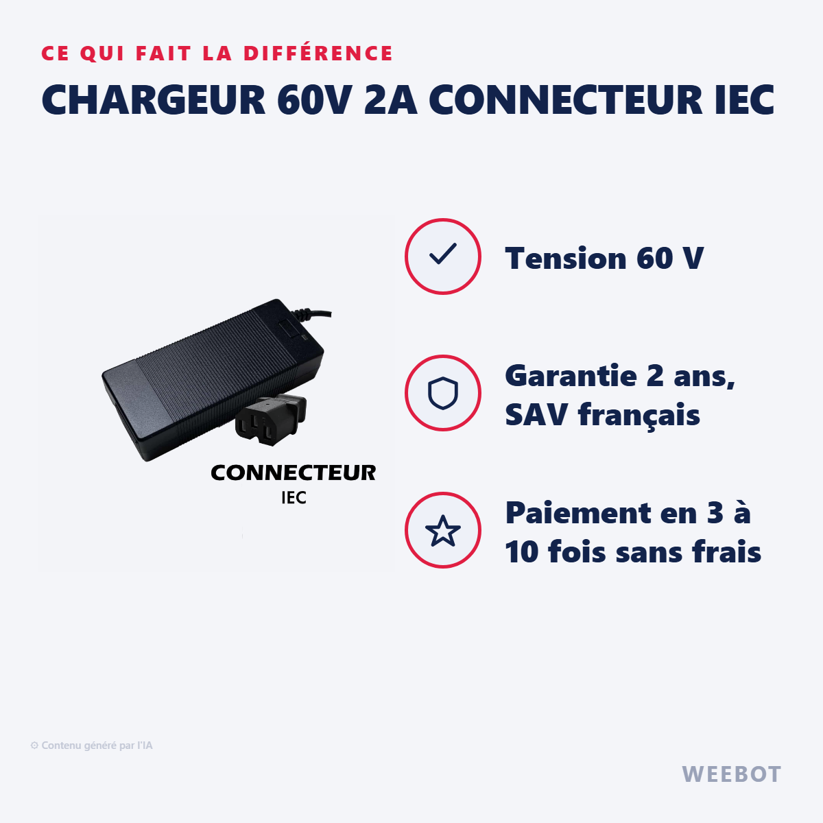 Chargeur 60V 2A Connecteur IEC : les points forts
