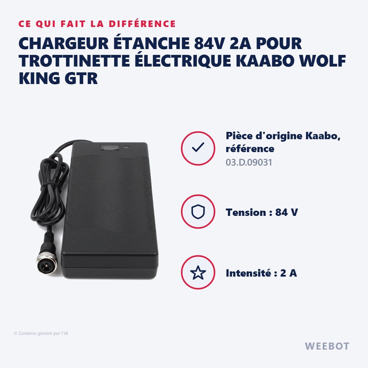 Chargeur Étanche 84V 2A pour Trottinette Électrique Kaabo Wolf King GTR - Weebot