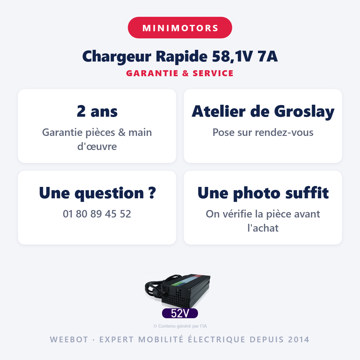 Chargeur Rapide 58,1V 7A : garantie 2 ans et service après-vente