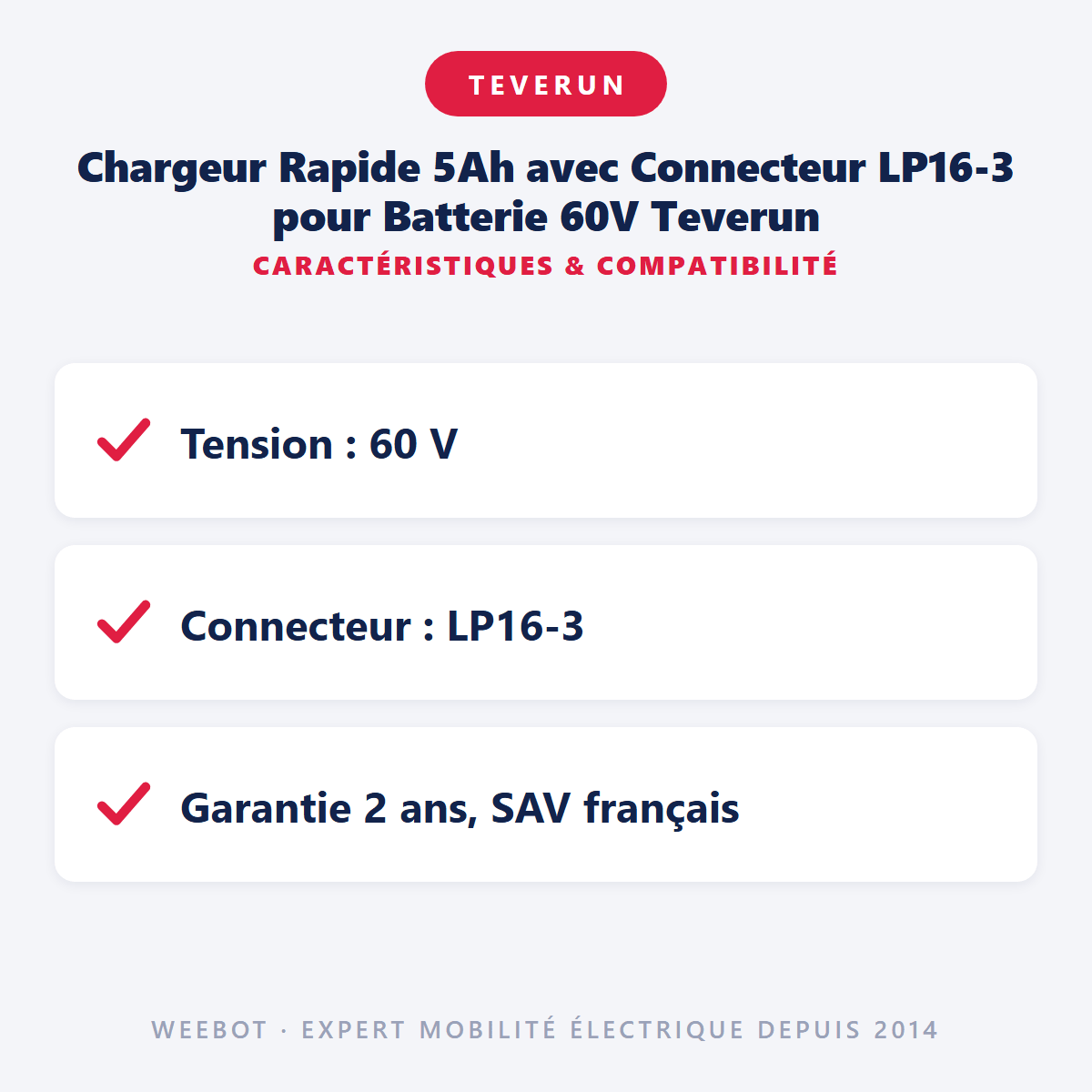Chargeur Rapide 5Ah avec Connecteur LP16-3 pour Batterie 60V Teverun - Weebot