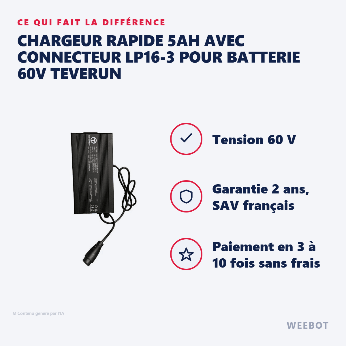 Chargeur Rapide 5Ah avec Connecteur LP16-3 pour Batterie 60V Teverun - Weebot