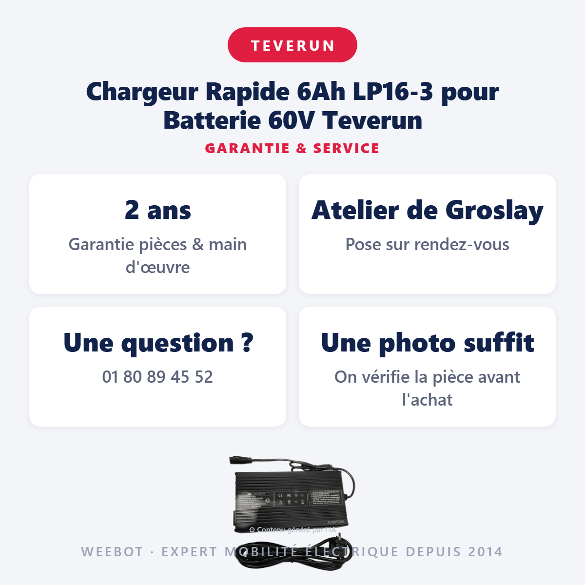 Chargeur Rapide 6Ah LP16-3 pour Batterie 60V Teverun - Weebot