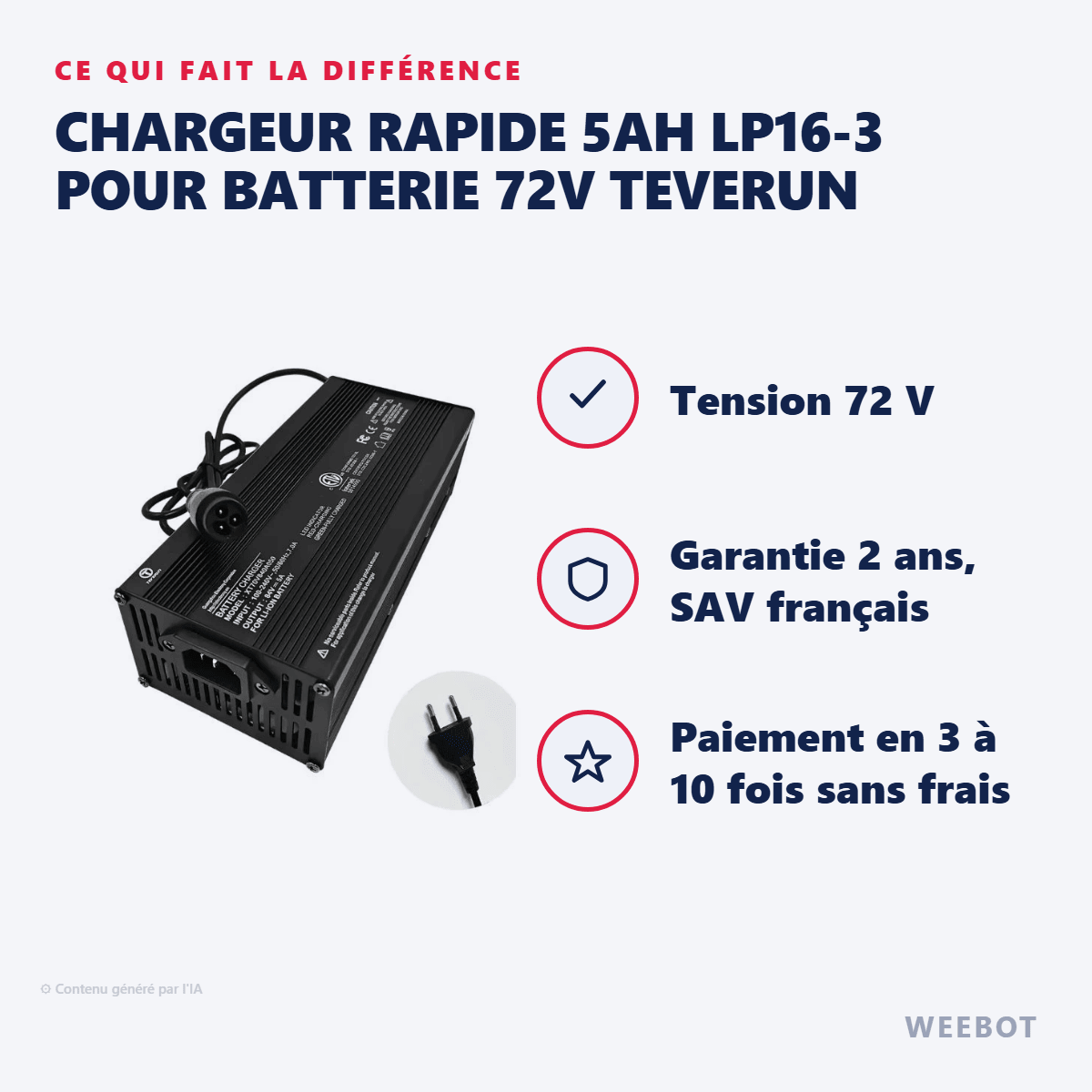 Chargeur Rapide 5Ah LP16-3 pour Batterie 72V Teverun - Weebot