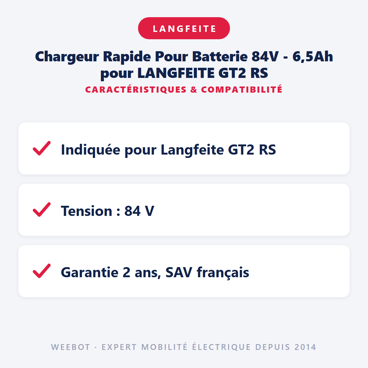 Chargeur Rapide Pour Batterie 84V - 6,5Ah pour LANGFEITE GT2 RS - Weebot