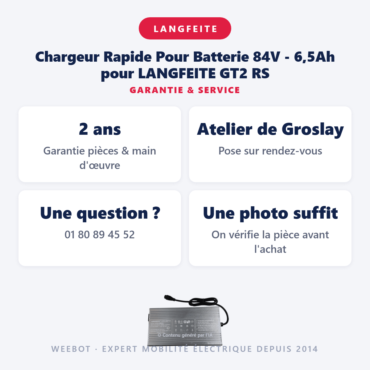 Chargeur Rapide Pour Batterie 84V - 6,5Ah pour LANGFEITE GT2 RS - Weebot