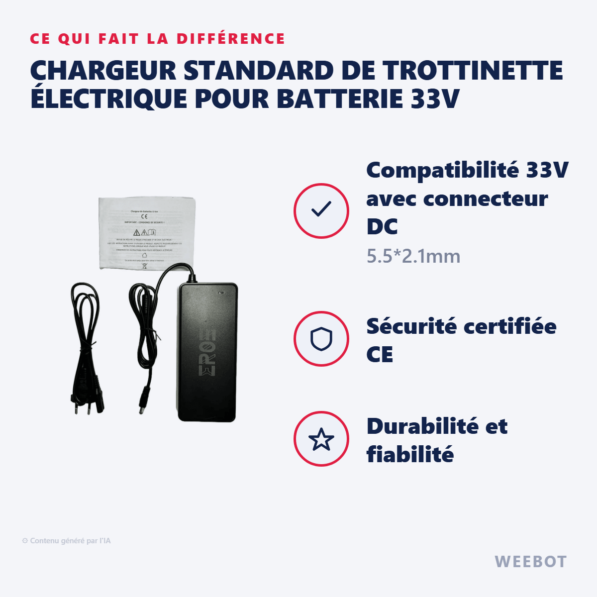 Chargeur Standard de Trottinette Électrique pour Batterie 33V (Connecteur DC 5.5*2.1mm) - Weebot