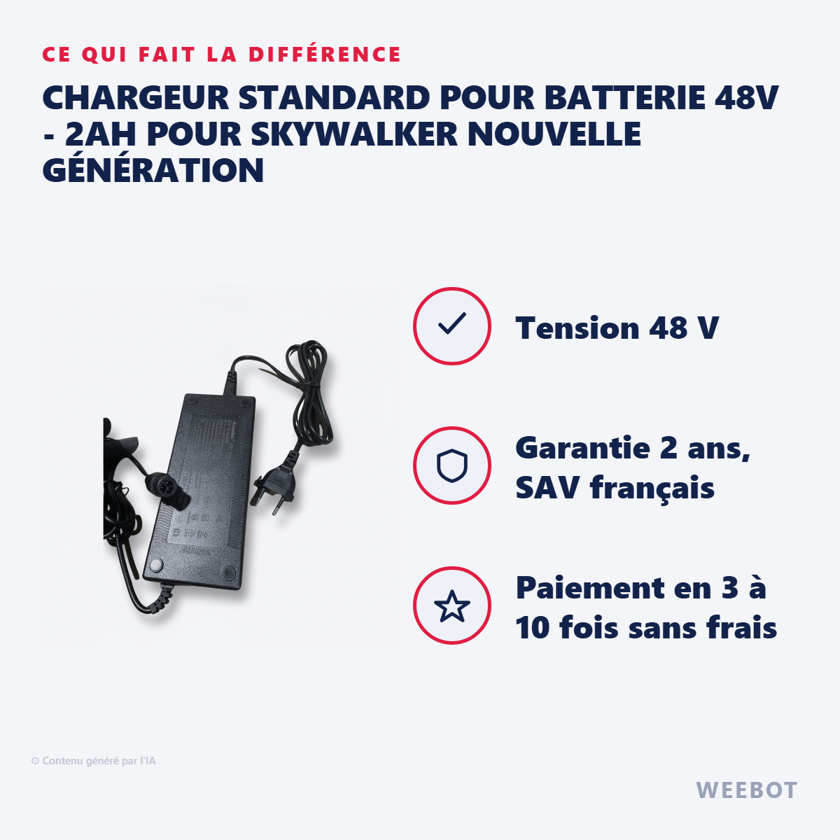 Chargeur Standard pour Batterie 48V - 2Ah pour Skywalker Nouvelle Génération : les points forts