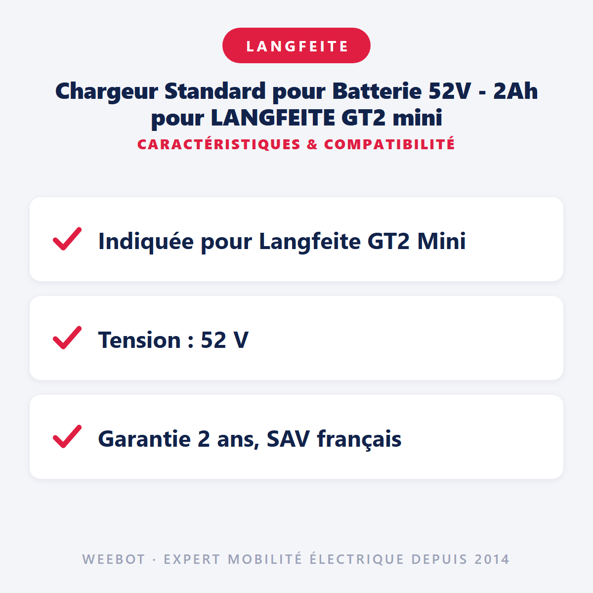 Chargeur Standard pour Batterie 52V - 2Ah pour LANGFEITE GT2 mini - Weebot