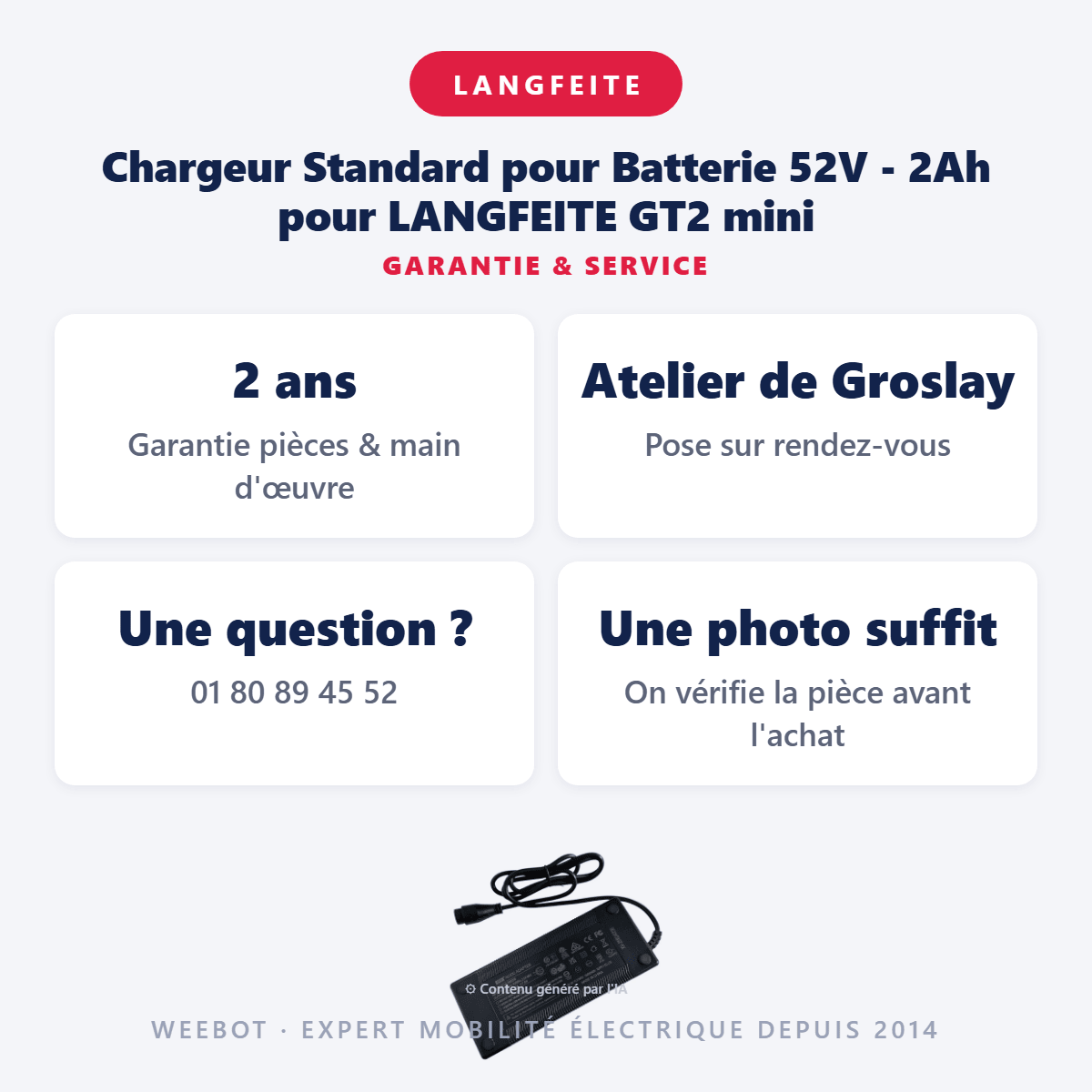 Chargeur Standard pour Batterie 52V - 2Ah pour LANGFEITE GT2 mini - Weebot
