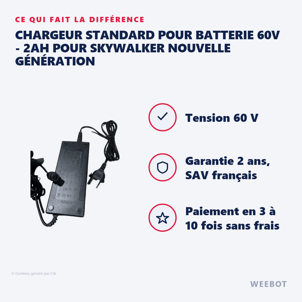 Chargeur Standard pour Batterie 60V - 2Ah pour Skywalker Nouvelle Génération - Weebot
