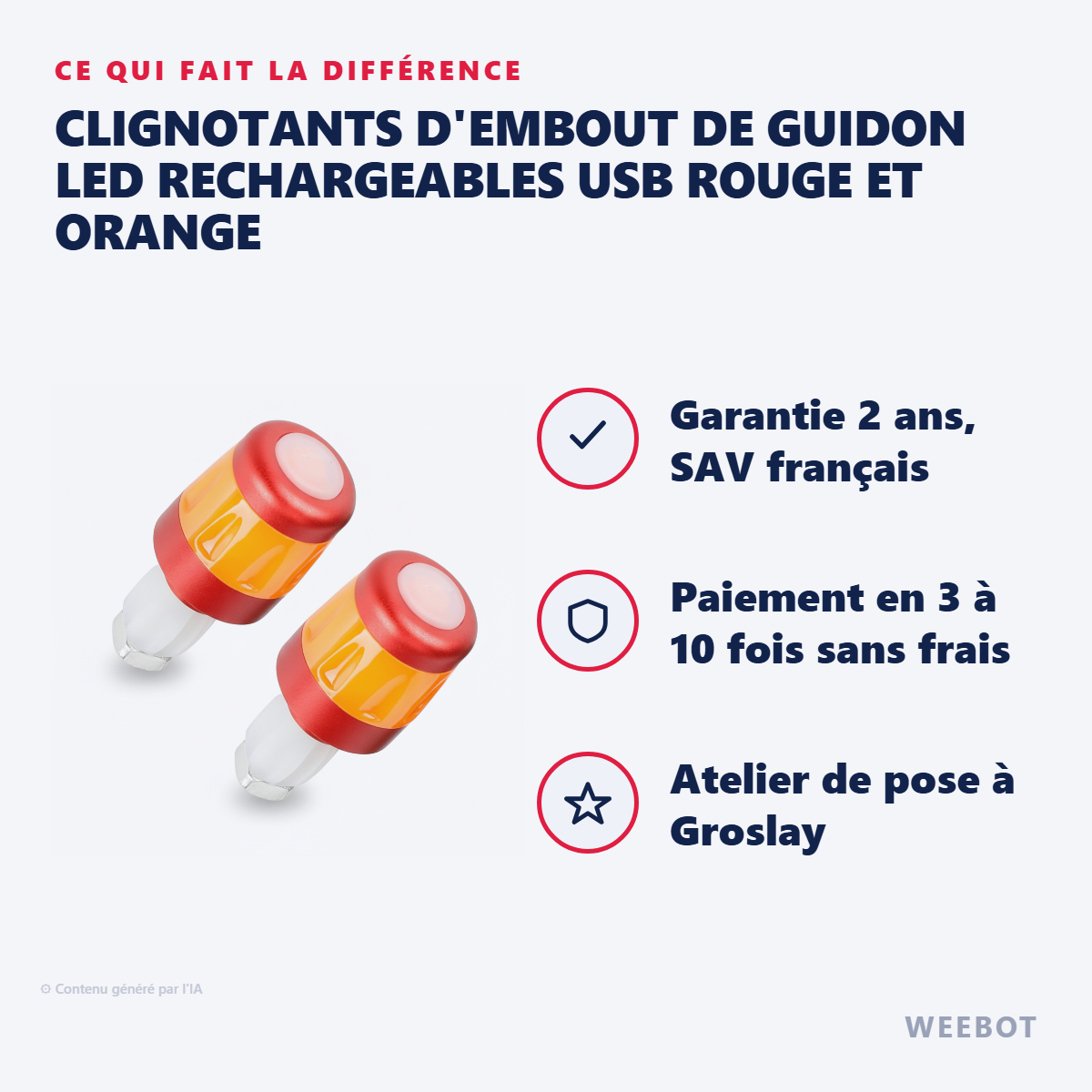 Clignotants d'Embout de Guidon LED Rechargeables USB Rouge et Orange : les points forts