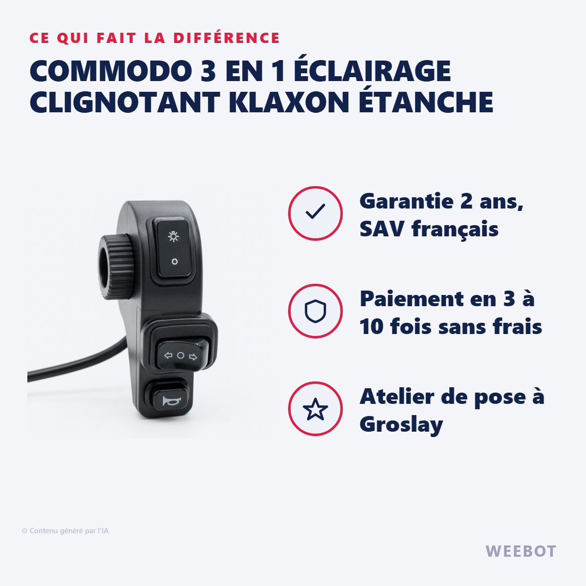 Commodo 3 en 1 Éclairage Clignotant Klaxon Étanche : les points forts