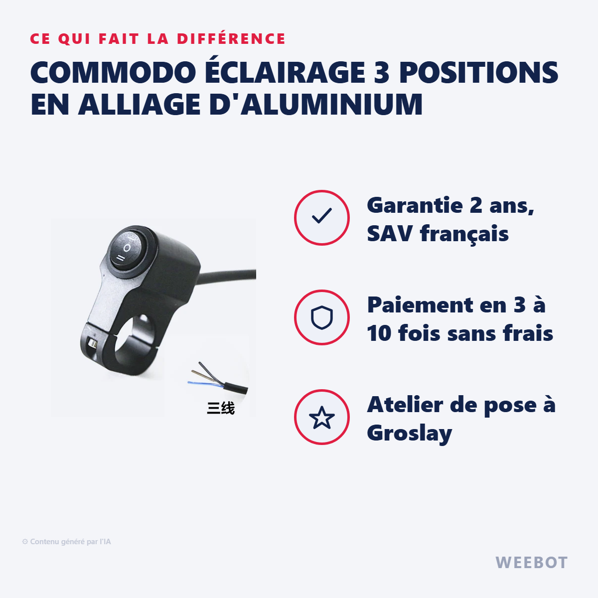 Commodo Éclairage 3 Positions en Alliage d'Aluminium : les points forts