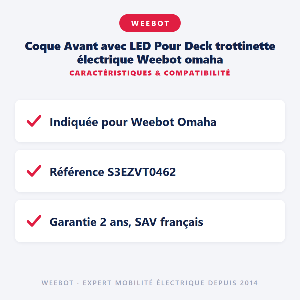 Coque Avant avec LED Pour Deck trottinette électrique Weebot omaha : caractéristiques et compatibilité