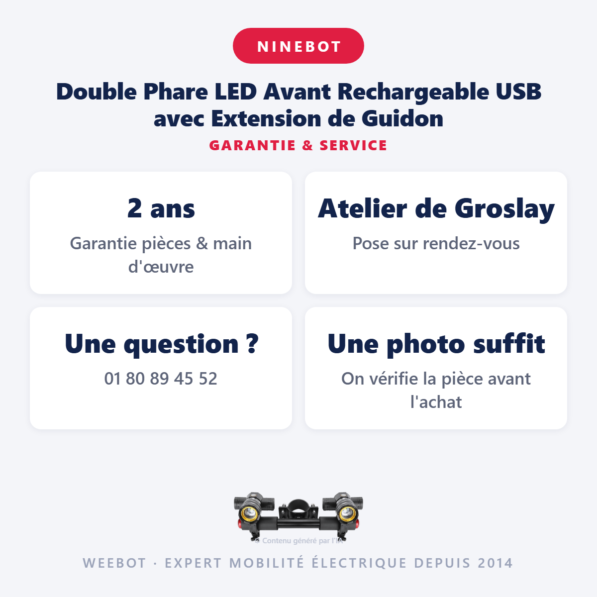 Double Phare LED Avant Rechargeable USB avec Extension de Guidon : garantie 2 ans et service après-vente