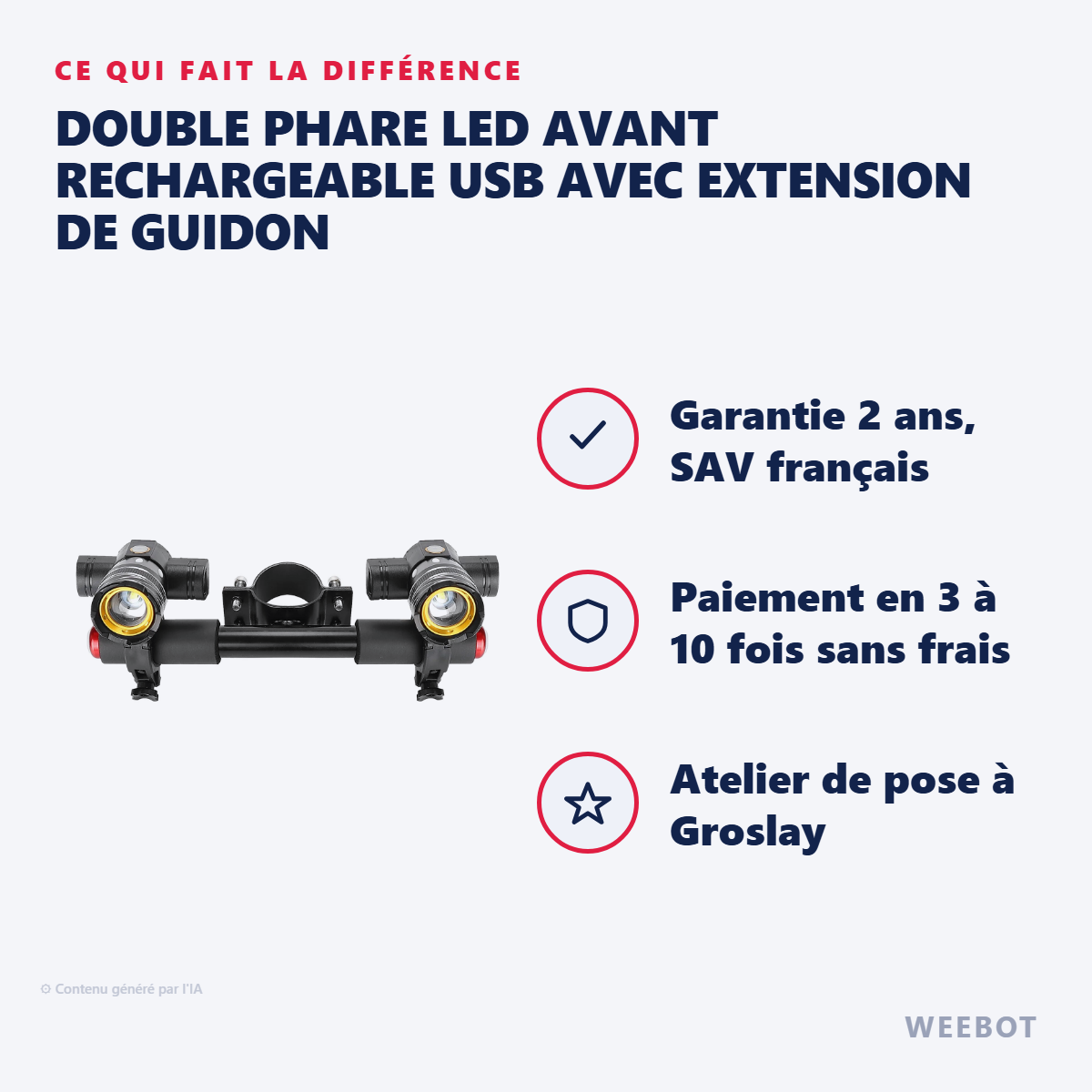 Double Phare LED Avant Rechargeable USB avec Extension de Guidon : les points forts
