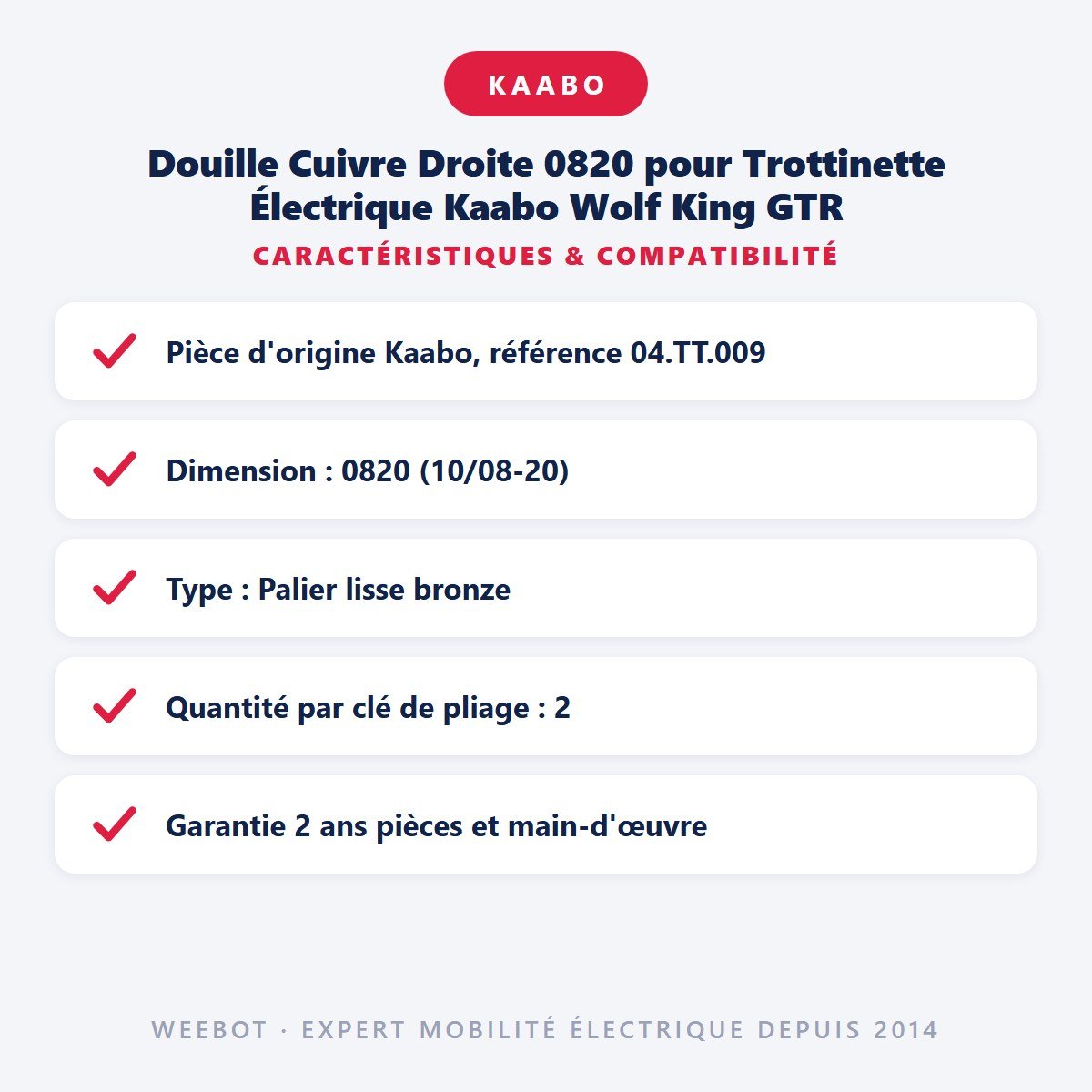Douille Cuivre Droite 0820 pour Trottinette Électrique Kaabo Wolf King GTR - Weebot