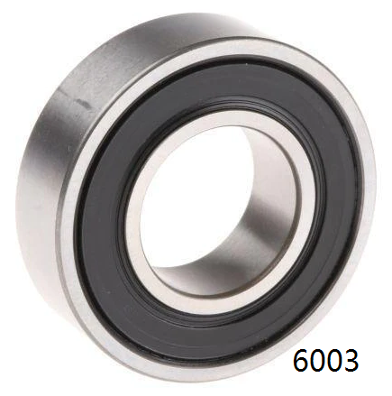 Roulement de moteur 6003 avec bague d'étanchéité noire vu en perspective.