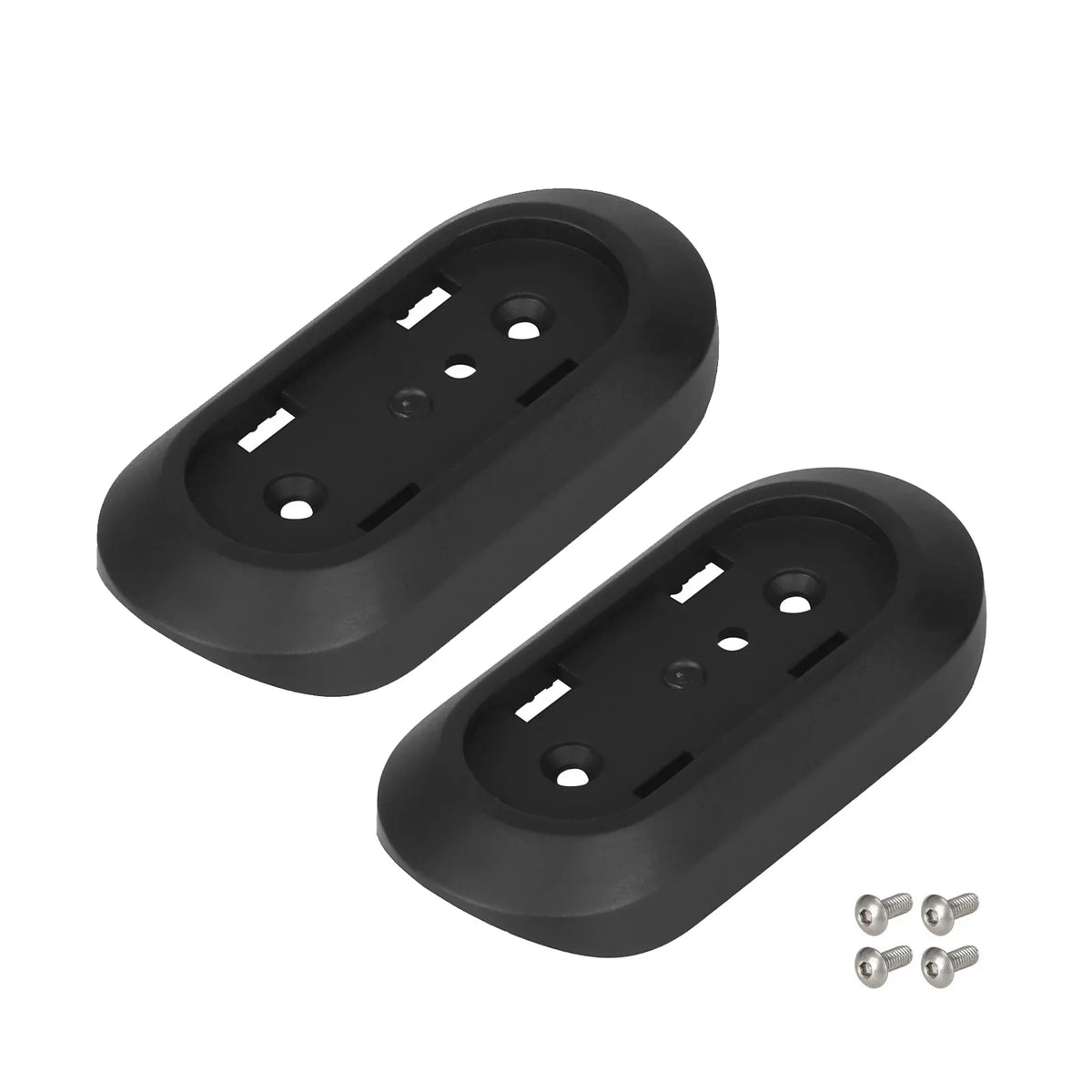 Deux supports de réflecteurs latéraux noirs en plastique avec leurs quatre vis de fixation